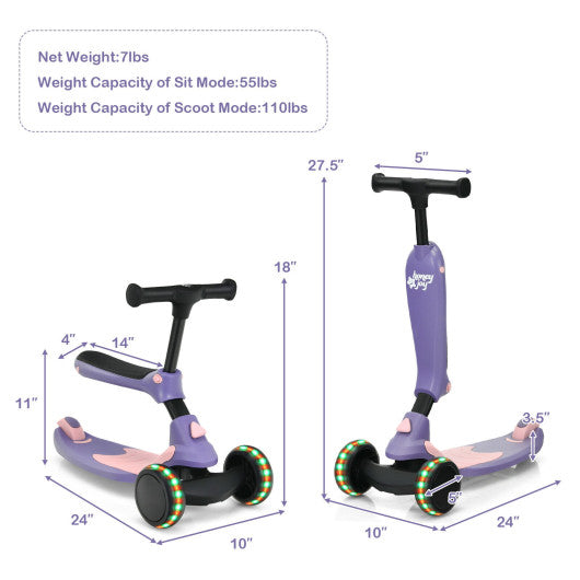 2-in-1 Kids Kick Scooter with Flash Wheels for Girls and Boys from 1.5 to 6 Years Old-Purple