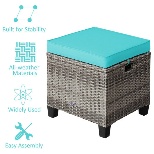 2PCS Patio Rattan Wicker Ottoman Seat with Removable Cushions-Turquoise