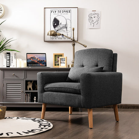 Linen Fabric Single Sofa Armchair with Waist Pillow for Living Room-Gray