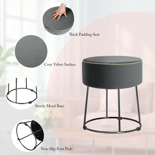 Round Velvet Footrest Stool Ottoman with Non-Slip Foot Pads for Bedside-Gray