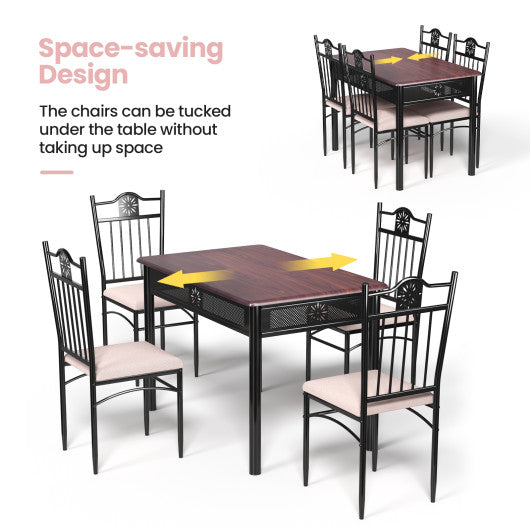 5 Pcs Dining Set Wood Metal Table and 4 Chairs with Cushions