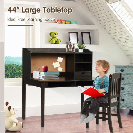Kids Desk and Chair Set Study Writing Desk with Hutch and Bookshelves-Brown