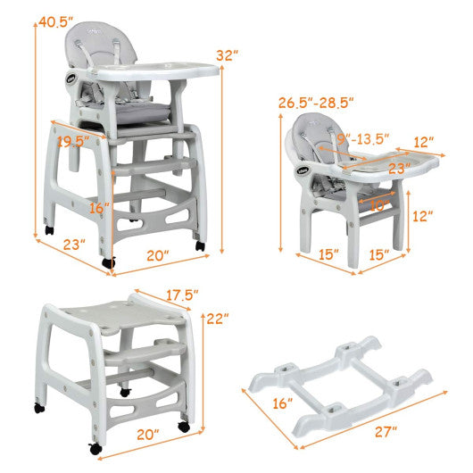 3-in-1 Baby High Chair with Lockable Universal Wheels-Gray