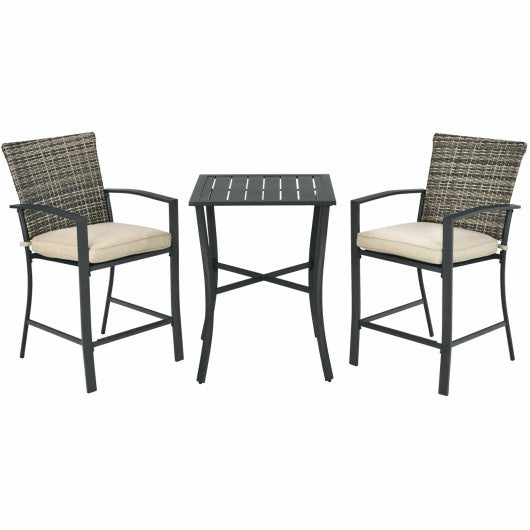 3 Pieces Patio Rattan Bar Furniture Set with Slat Table and 2 Cushioned Stools-Gray