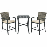 3 Pieces Patio Rattan Bar Furniture Set with Slat Table and 2 Cushioned Stools-Gray