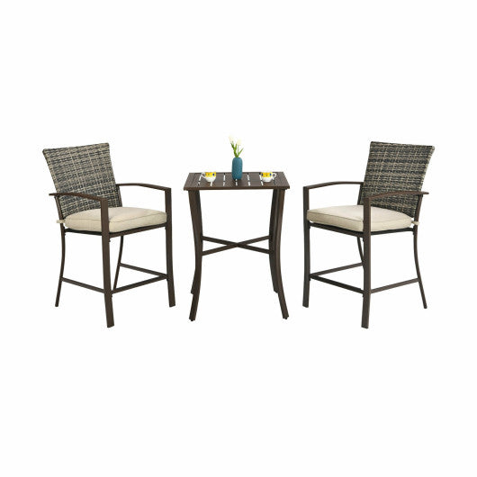 3 Pieces Rattan Bar Furniture Set with Slat Table and 2 Cushioned Stools-Brown