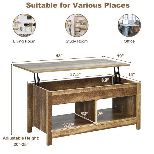 Lift Top Coffee Table with Hidden Storage Compartment and Lower Shelf for Study Room-Oak