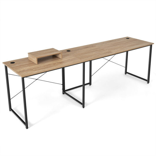 95 Inch 2-Person L-Shaped Long Reversible Computer Desk with Monitor Stand-Natural