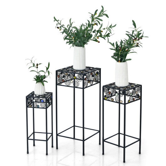 Set of 3 Metal Flower Pot Holder Rack with Colorful Ceramic Beads-Black