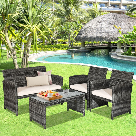 4 Pcs Patio Rattan Furniture Set Top Sofa With Glass Table-White