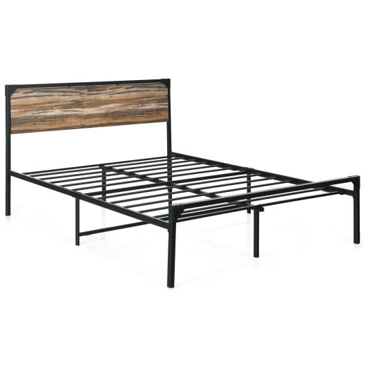 Metal Platform Bed Frame with Wooden Headboard-Queen Size