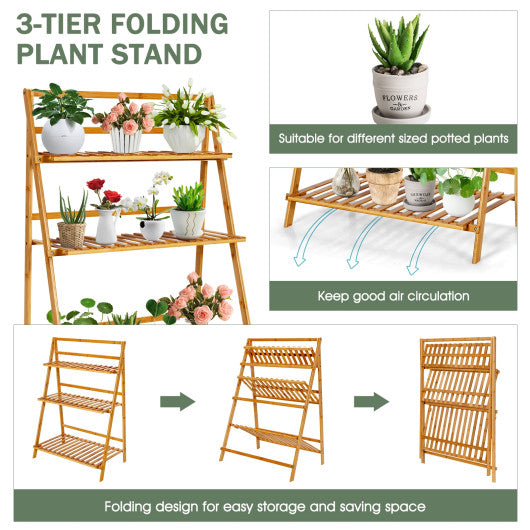 3-Tier Bamboo Foldable Plant Stand with Display Shelf Rack