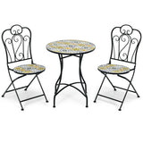 3 Pieces Patio Bistro Mosaic Design Set with Folding Chairs and Round Table