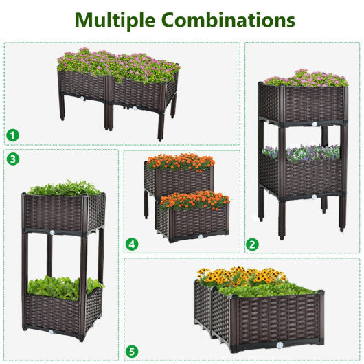 2 Set Elevated Plastic Raised Garden Bed Planter Kit for Flower Vegetable Grow-Brown