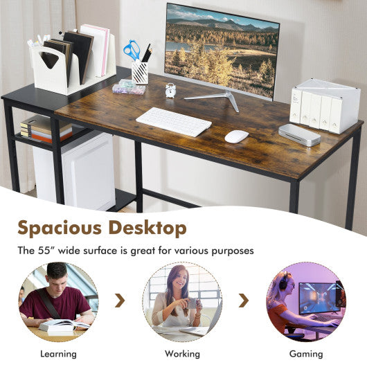 55 Inch Reversible Computer Desk with Adjustable Storage Shelves-Rustic Brown