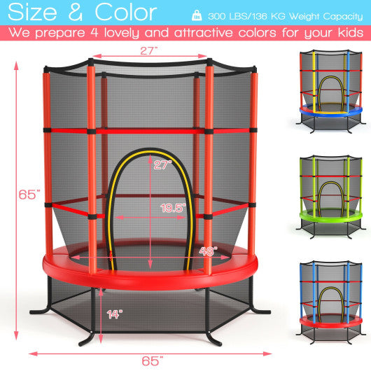 55 Inch Kids Recreational Trampoline Bouncing Jumping Mat with Enclosure Net-Red
