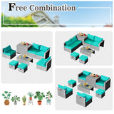 8 Pieces Patio Rattan Furniture Set with Storage Waterproof Cover and Cushion-Turquoise