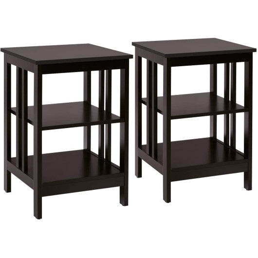 2 Pieces 3-Tier Nightstand with Reinforced Bars and Stable Structure-Dark Brown