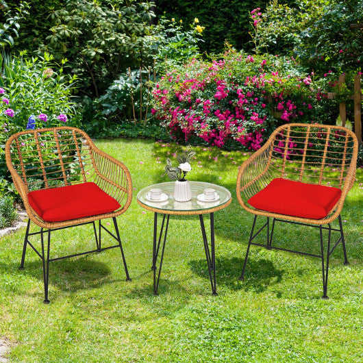 3 Pieces Rattan Furniture Set with Cushioned Chair Table-Red