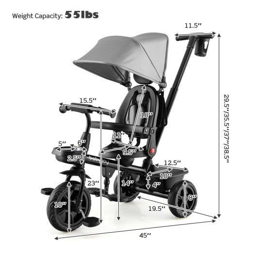4-in-1 Reversible Toddler Tricycle with Height Adjustable Push Handle-Gray