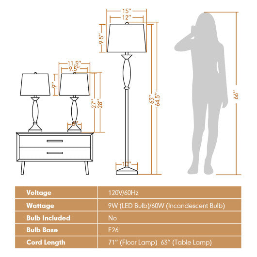 3-Piece Modern Nickel Finish Lamp Set-Silver