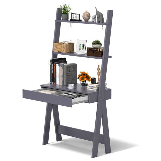 Ladder Shelf Desk Bookcase with Countertop  Drawer and 2 Shelves-Gray