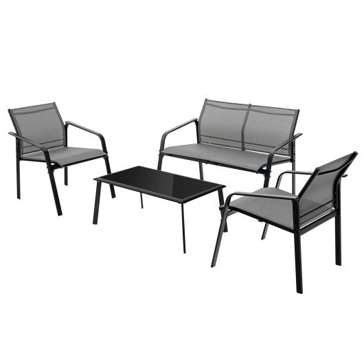 4 Pieces Patio Furniture Set with Armrest Loveseat Sofas and Glass Table Deck-Gray