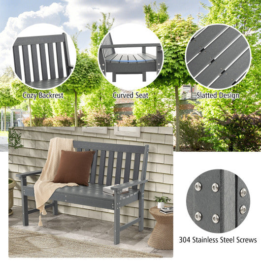 52 Inch All-Weather HDPE Outdoor Bench with Backrest and Armrests-Gray
