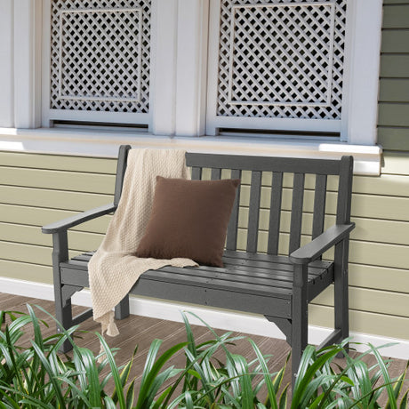 All-Weather HDPE 2-Person Garden Bench with Backrest and Armrests-Gray