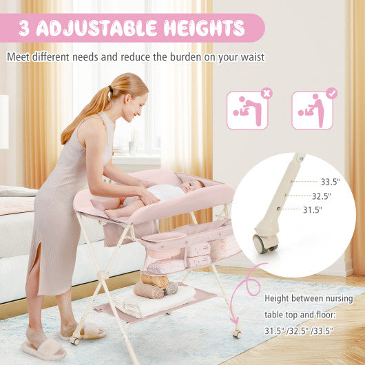 Baby Diaper Changing Table with Water Basin Wheel-Pink