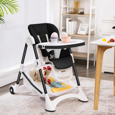 Baby Convertible Folding Adjustable High Chair with Wheel Tray Storage Basket-Black
