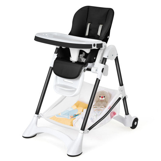 Baby Convertible Folding Adjustable High Chair with Wheel Tray Storage Basket-Black