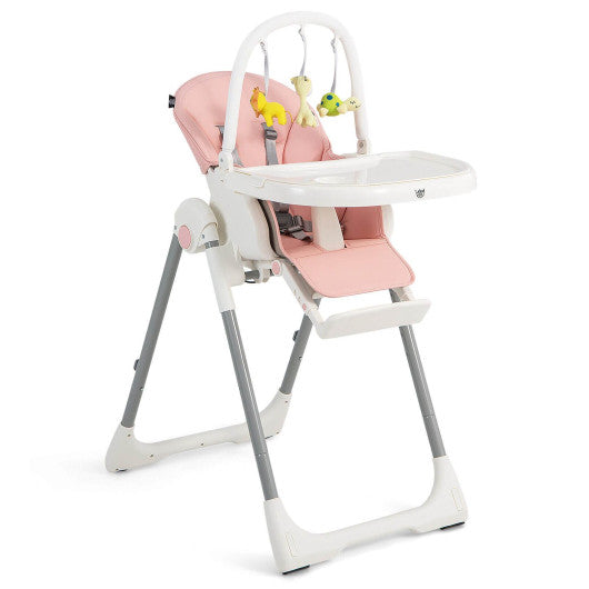 4-in-1 Foldable Baby High Chair with 7 Adjustable Heights and Free Toys Bar-Pink