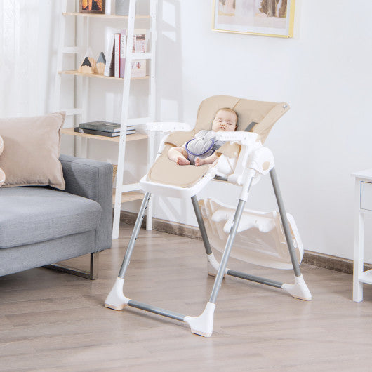 Foldable Baby High Chair with Double Removable Trays and Book Holder-Beige