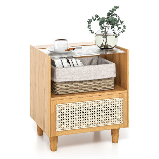 Bamboo Rattan Nightstand with Drawer and Solid Wood Legs-Natural