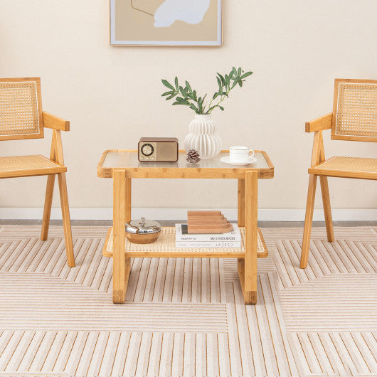 2-tier Bamboo Side Table with Glass Top-Natural