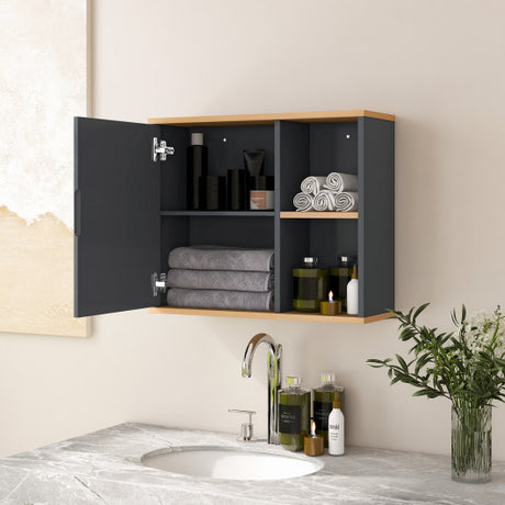 Bathroom Wall Mounted Cabinet with Single Mirror Door and Adjustable Shelf-Gray