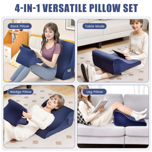 Bed Wedge Pillow with Tablet Pillow Stand and Side Pockets-Navy