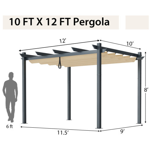 10 x 12 Feet Outdoor Aluminum Retractable Pergola Canopy Shelter Grape Trellis-Beige
