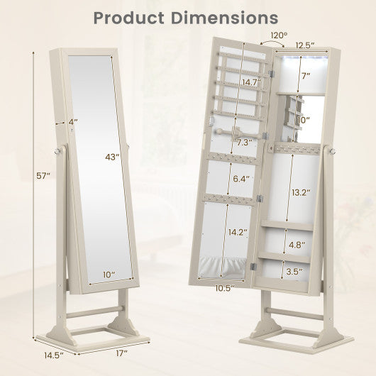 Freestanding Lockable Jewelry Armoire with Full-Length Mirror and 6 LED Lights-Beige