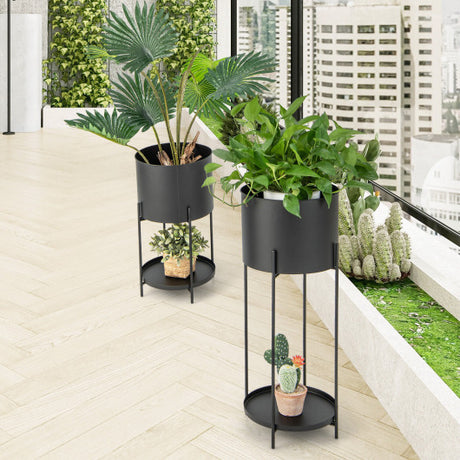 2 Metal Planter Pot Stands with Drainage Holes-Black