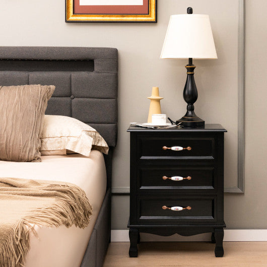 3 Drawers Nightstand with Solid Wood Legs for Living Room Bedroom-Black