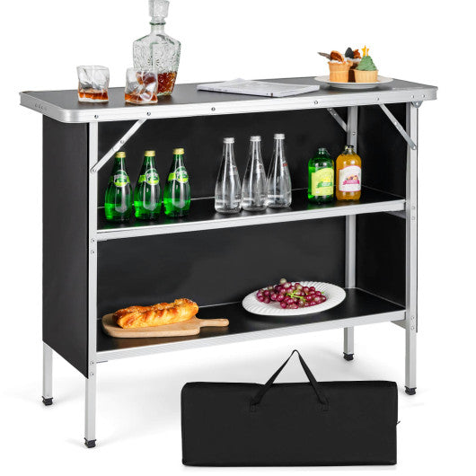 Folding Camping Table with 2-Tier Open Shelves for Outdoor BBQ-Black