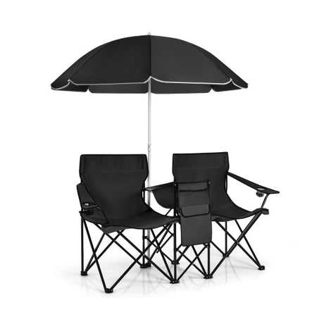 Portable Folding Picnic Double Chair With Umbrella-Black