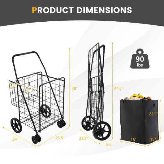 Folding Rolling Shopping Cart with Waterproof Liner and Basket-Black