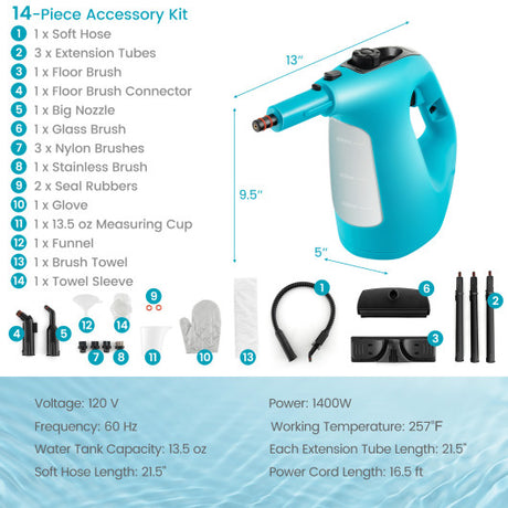 1400W Handheld Steam Cleaner with 14-Piece Accessory Kit and Child Lock-Blue