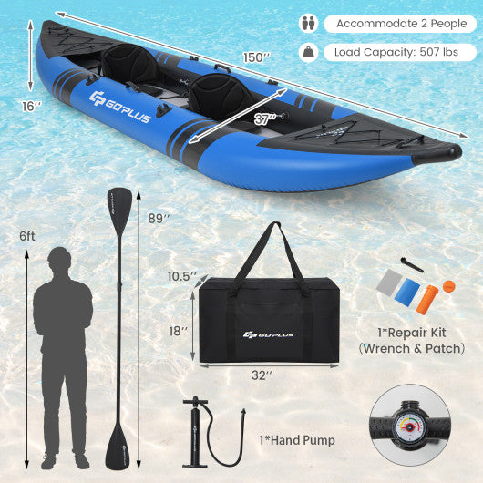 Inflatable 2-person Kayak Set with Aluminium Oars and Repair Kit-Blue