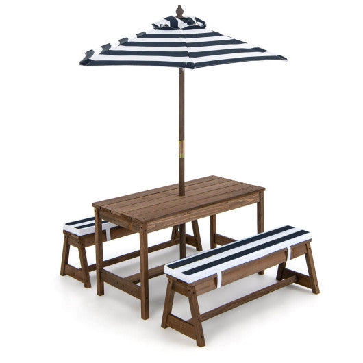 Kids Picnic Table and Bench Set with Cushions and Height Adjustable Umbrella-Blue