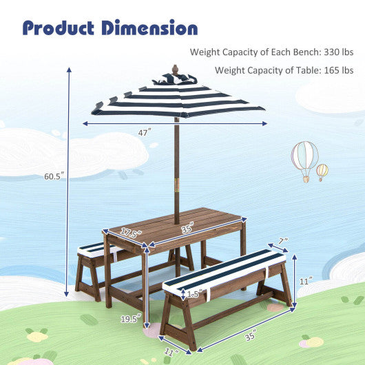 Kids Picnic Table and Bench Set with Cushions and Height Adjustable Umbrella-Blue