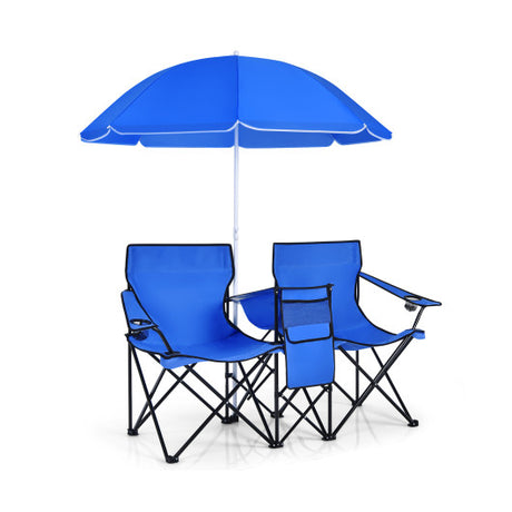 Portable Folding Picnic Double Chair with Umbrella-Blue